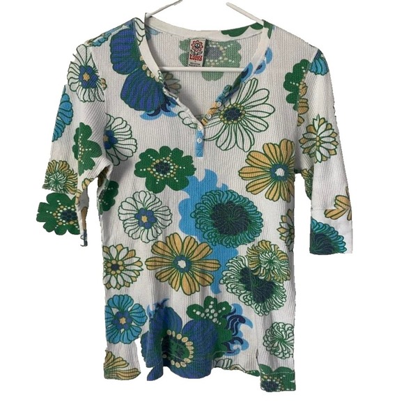 Vintage Lucky Brand Y2K Floral Henley Women's Top Waffle Texture 3/4 Sleeve L - Picture 1 of 5